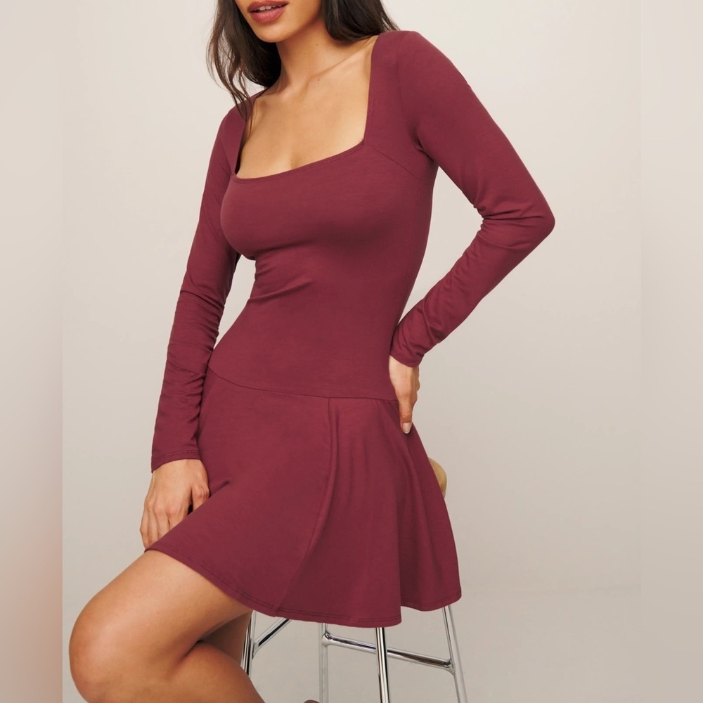 Reformation Wine Square-Neck Long Sleeve Mini Dress